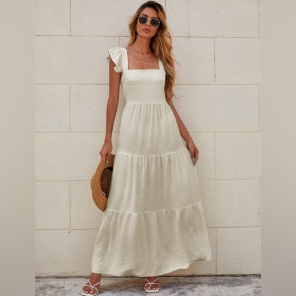 ✨ SHEIN Cream White Maxi Dress — Size XL — Ruffle Sleeve + Tie-Back ✨ - Picture 1 of 5